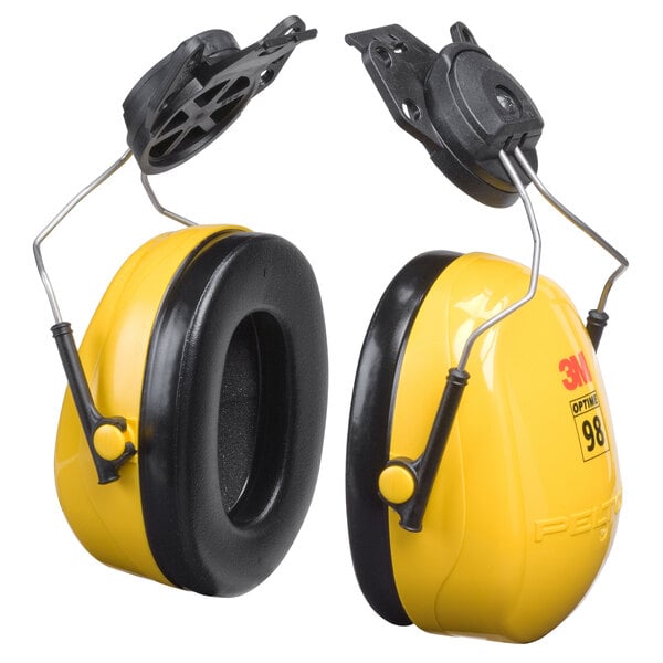 3M PELTOR Optime 98 yellow and black cap-mount ear muffs.