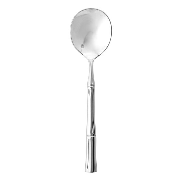 A Fortessa Royal Pacific stainless steel bouillon spoon with a long handle.