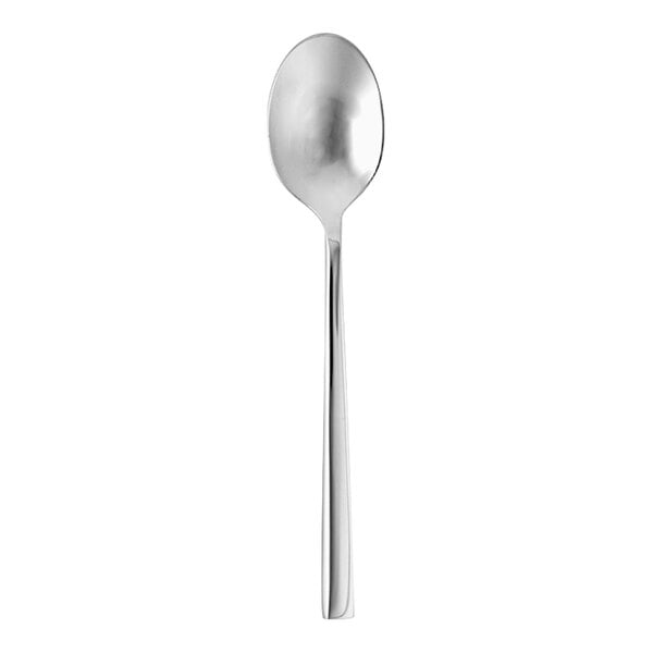 A close-up of a Fortessa Arezzo stainless steel demitasse spoon with a white background.