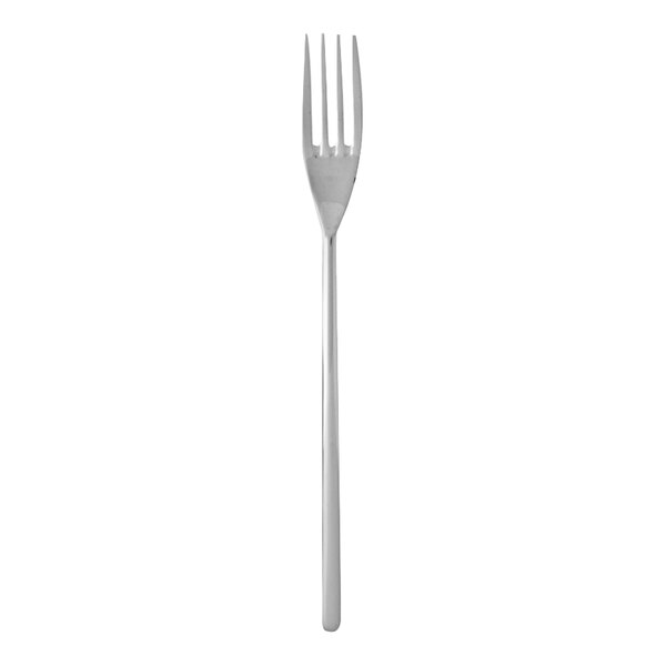 A silver Fortessa salad/dessert fork with a dragonfly design on the handle.