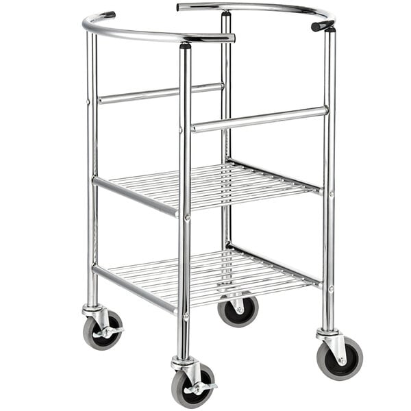 A stainless steel mixing bowl stand with locking casters.