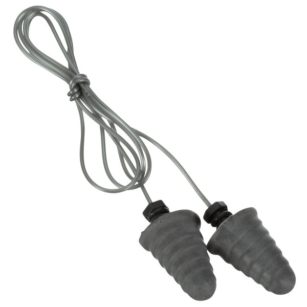 A pair of 3M grey corded foam ear plugs.