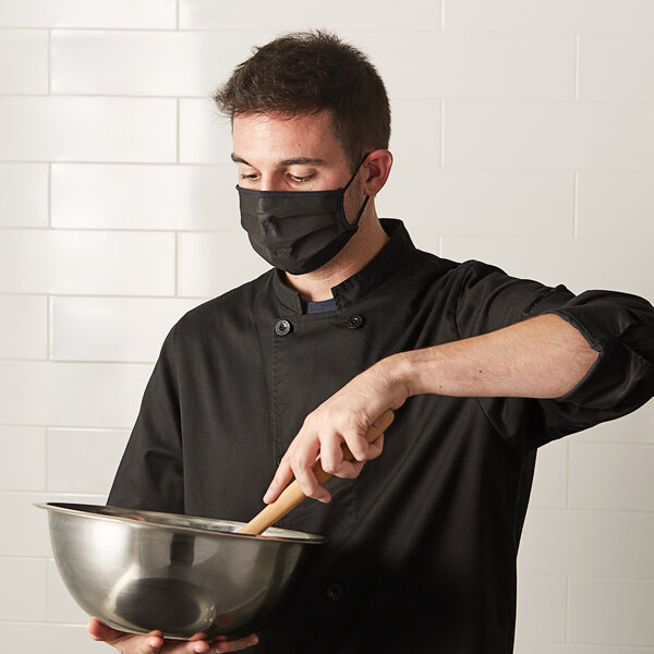 Mercer Culinary M69011BK Customizable Black Reusable Non-Woven Polypropylene Pleated Protective Face Mask - 8 3/4" x 3 3/8"