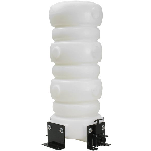 A white plastic Mytee holding tank with black legs.