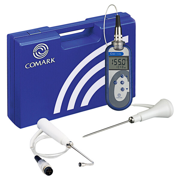 A Comark C42/P7 thermocouple thermometer set in a blue case.