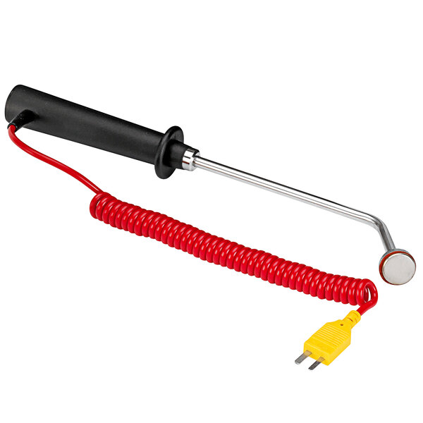 A red and black Comark Type-K surface probe with a long coiled cable.