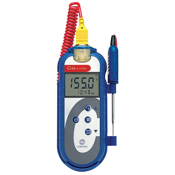 A Comark blue and grey digital thermometer with a red cord.