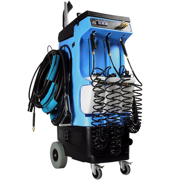 A blue and black Mytee 80-240 Prep Center carpet cleaner with hoses.