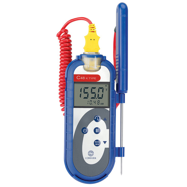A Comark digital thermometer with a red and blue wire attached.