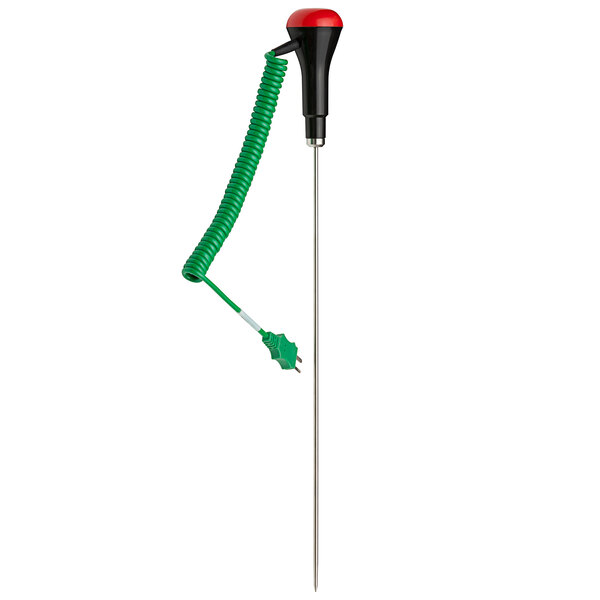 A long metal rod with a green and black electric cord and a red and black handle.