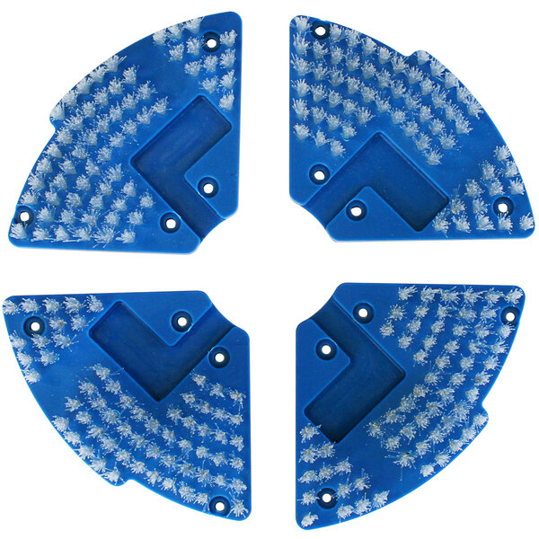 Four blue plastic circular pads with holes in them.
