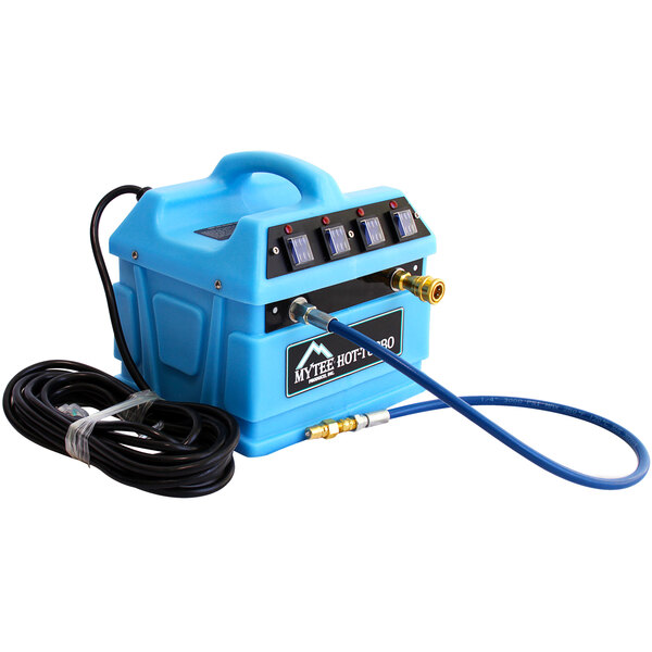 A blue Mytee Hot 240-230 Turbo portable water heater with black cables.
