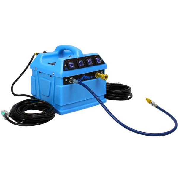 A blue Mytee Hot 480-230 Twin Turbo portable water heater with black cables.