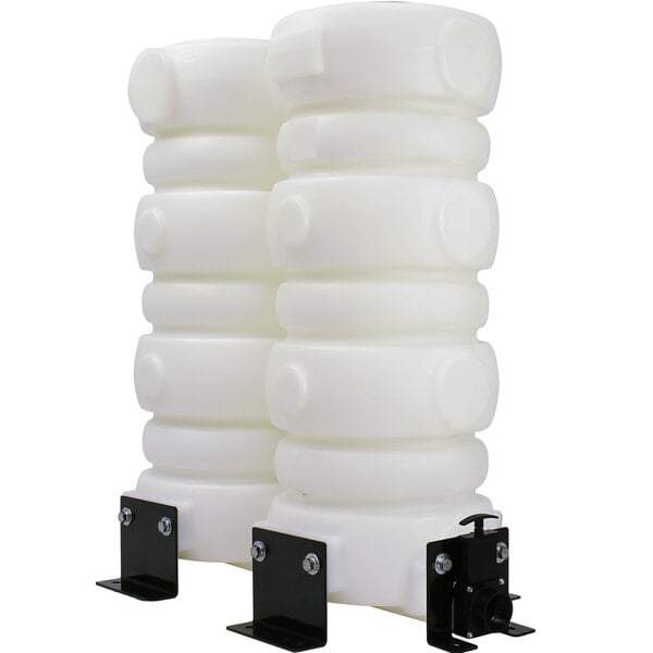 Two Mytee white plastic holding tanks with black legs.