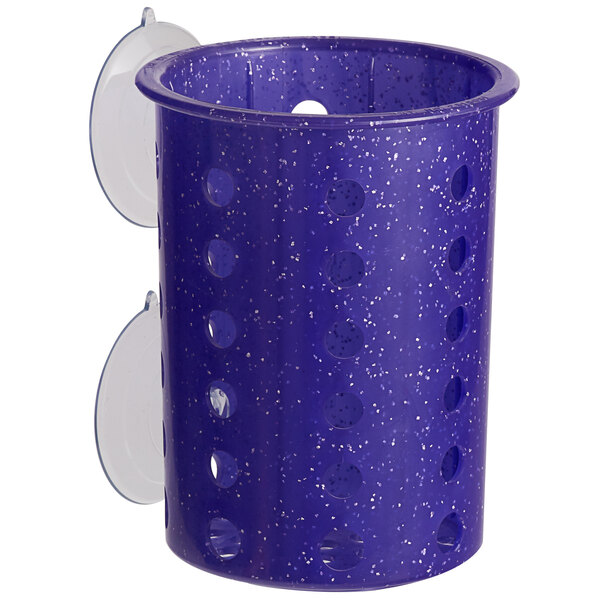 A purple plastic flatware cylinder with holes.