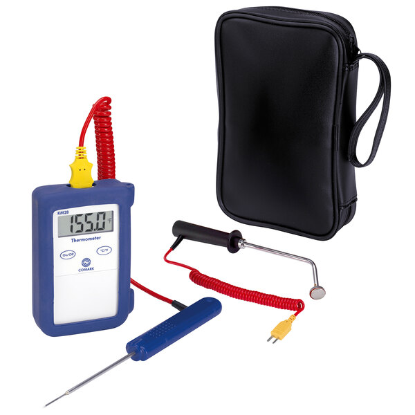 A Comark digital thermocouple thermometer in a soft case.