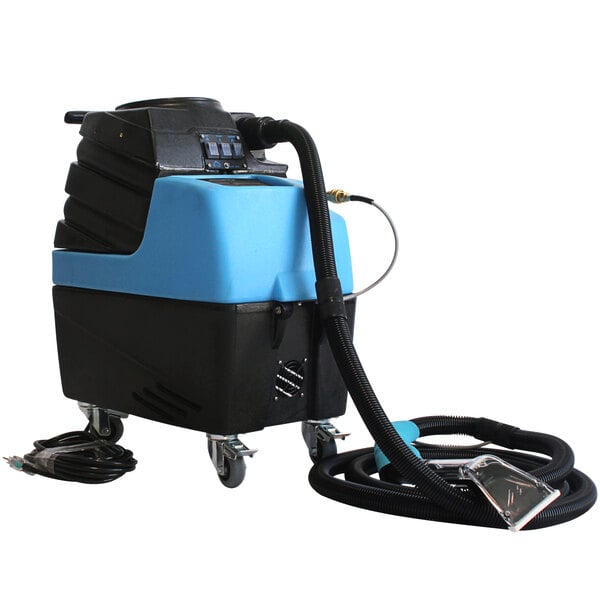 A blue and black Mytee Spyder Automotive extractor machine with a hose on wheels.