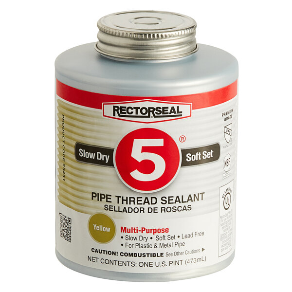 A white can of Rectorseal No. 5 Pipe Thread Sealant with a red and white label.