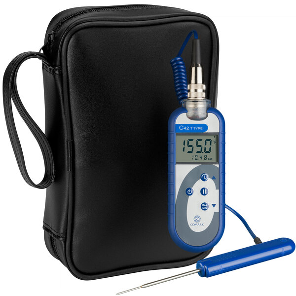 A Comark digital thermocouple thermometer with a blue handle and soft case.