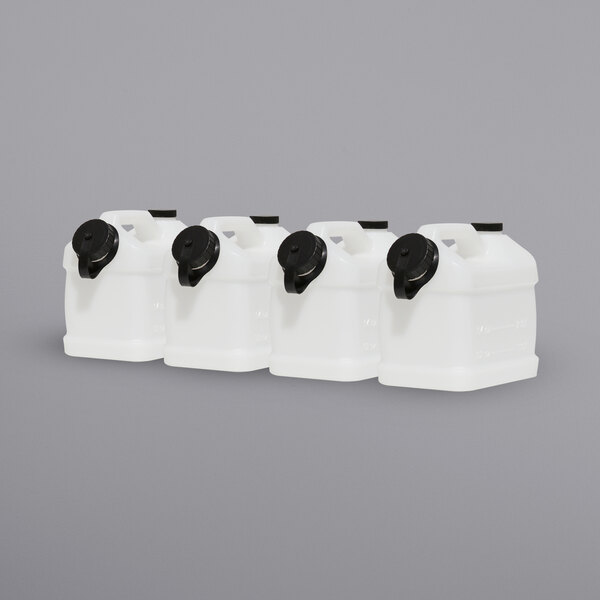 A group of three white plastic Mytee Big Mouth injection jugs with black lids.