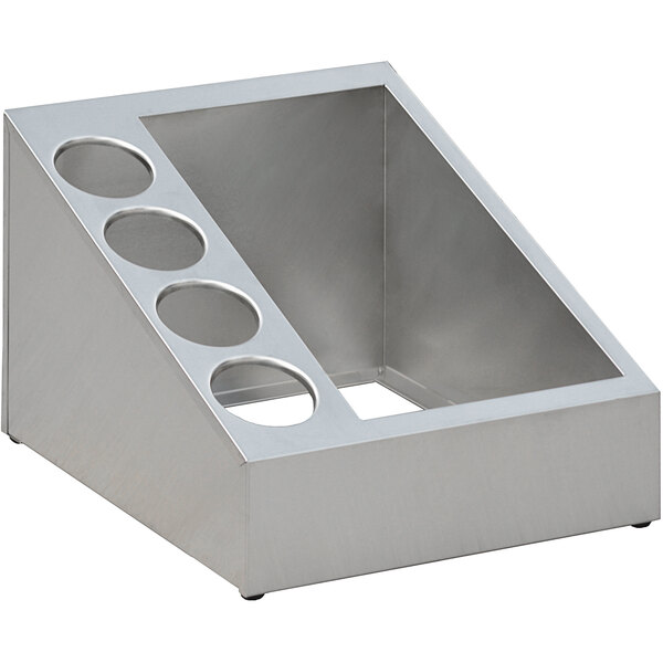 A silver stainless steel countertop condiment dispenser with 5 holes.