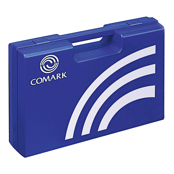 A blue Comark hard carry case with a white logo.
