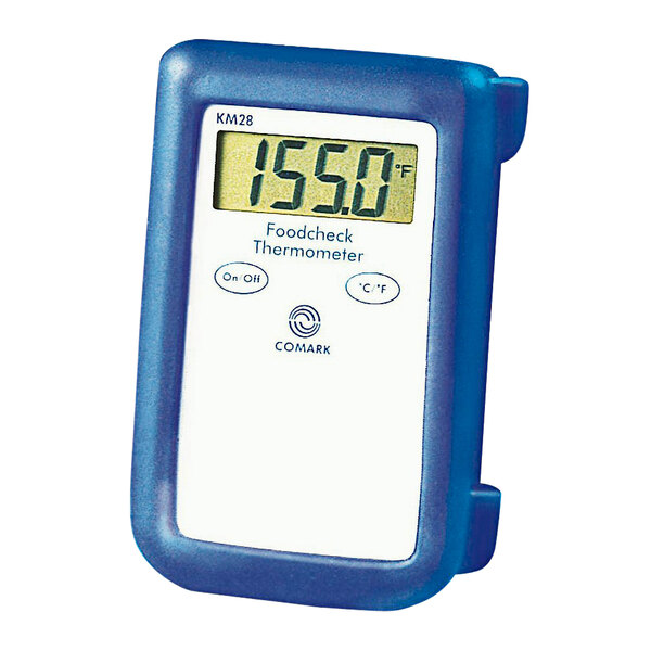 A close-up of a Comark KM28B thermocouple thermometer with a blue and white protective rubber boot.