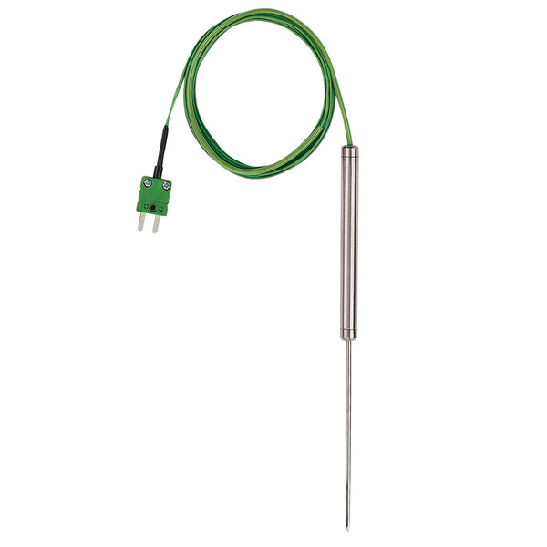 A Comark type-K metal meat probe with a green cable.