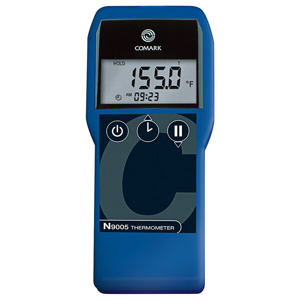 A blue Comark N9005 industrial thermocouple thermometer with a digital display.