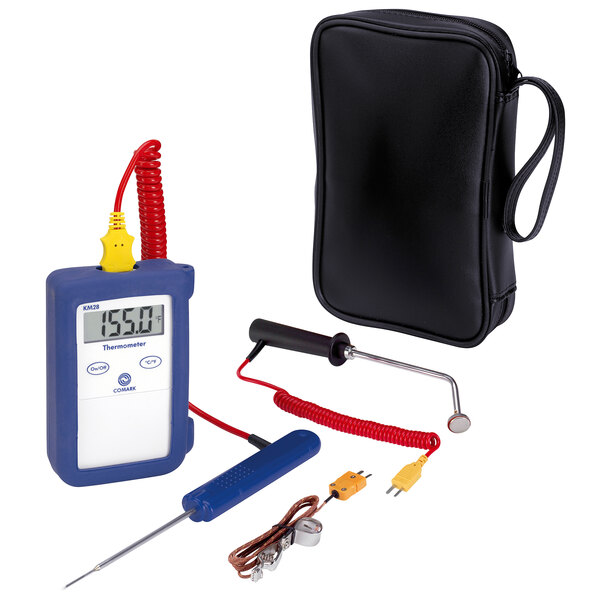 A Comark digital thermometer kit in a soft black case with tools.