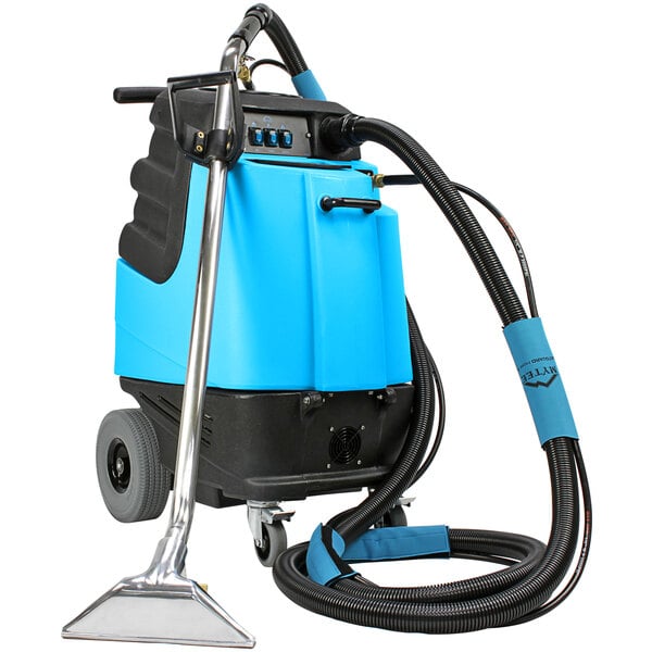 A blue and black Mytee 2002CS Contractor's Special carpet extractor with a handle and a hose.