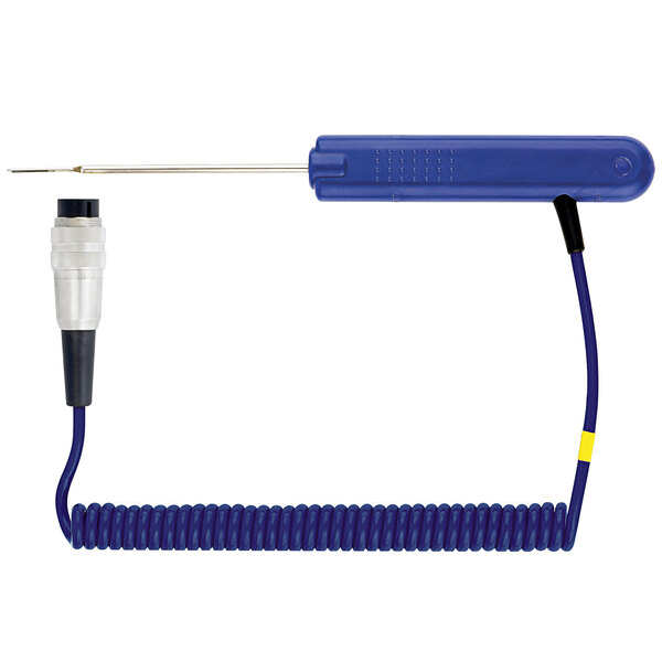 A blue and yellow Comark PT19L Type-T penetration probe with a spiral wire.