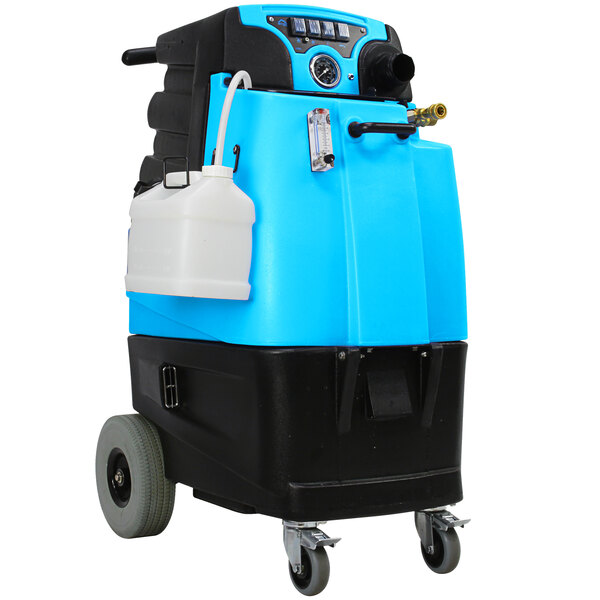 A blue and black Mytee LTD5-LX Speedster carpet extractor on wheels with a white jug.