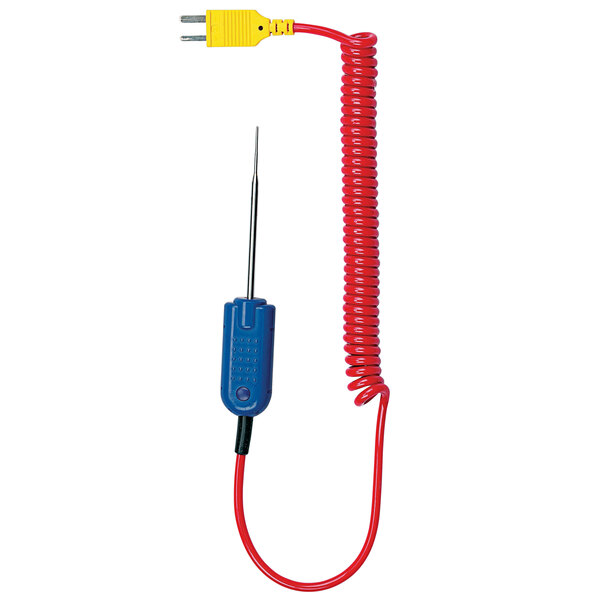 A red and blue cord with a yellow connector on the end.
