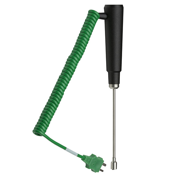 A black metal rod with a green and white coiled cable.