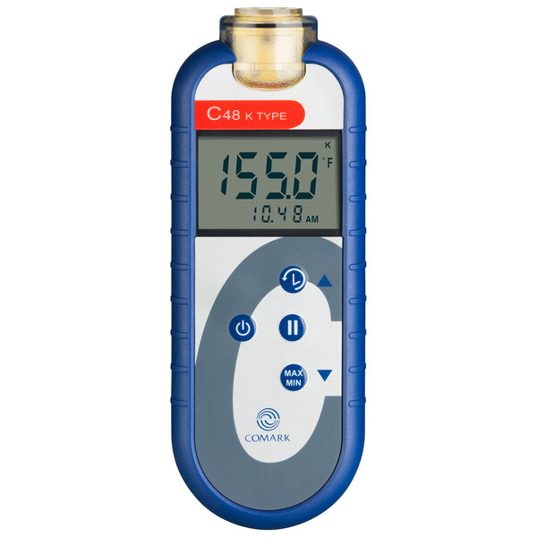 A Comark C48 waterproof type-K thermocouple thermometer with a blue and white case.