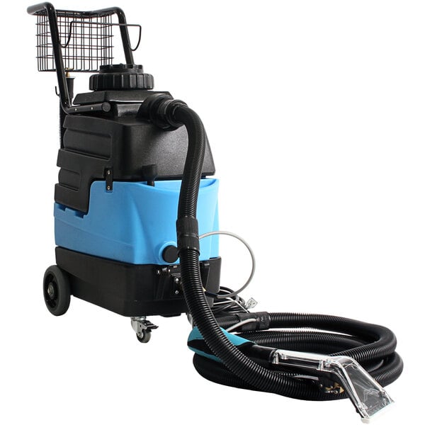 A blue and black Mytee Lite carpet extractor with a basket on it.