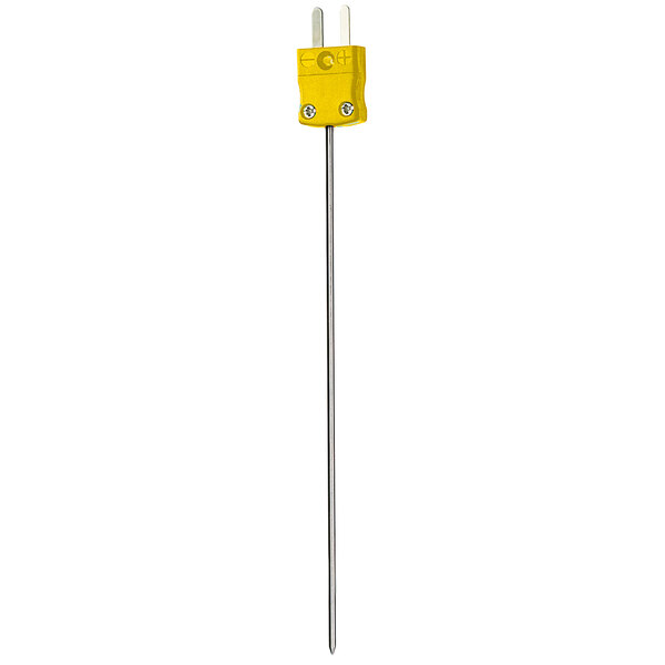 A long metal needle with a yellow plug and metal handle.