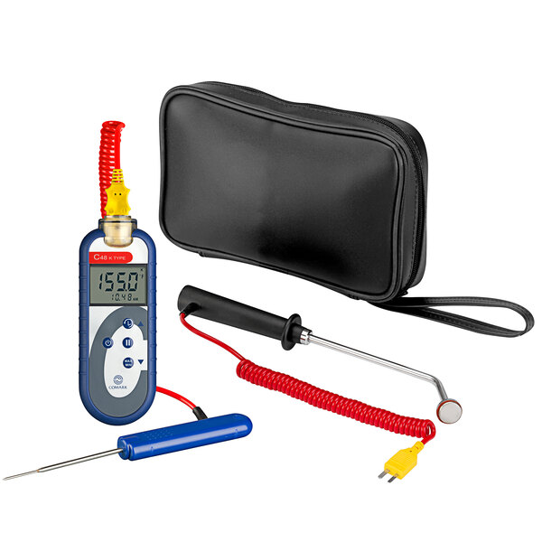 A Comark C48/P7 thermocouple thermometer kit in a black soft carry case.
