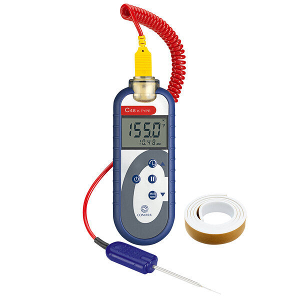A Comark digital thermometer with a MicroTip penetration probe and Sous Vide foam tape.