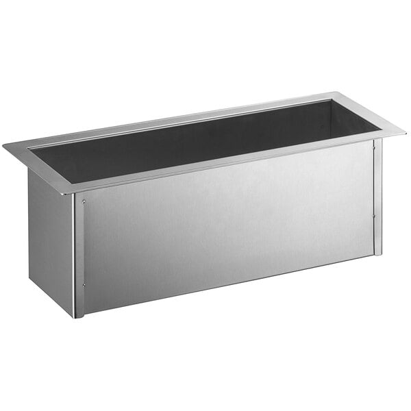 A stainless steel rectangular drop-in silverware dispenser with a lid.
