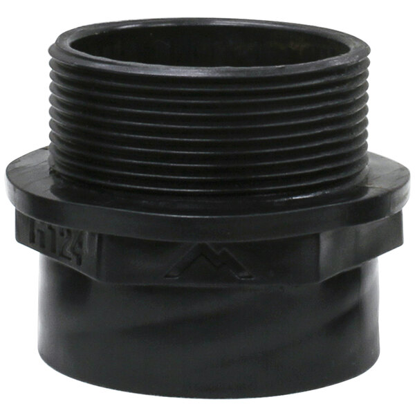 A close-up of a black vinyl pipe fitting with a black cap.