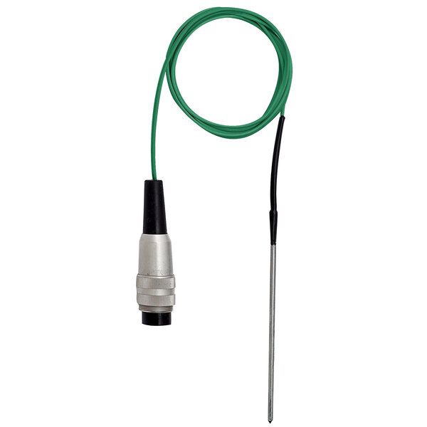 A green cable with a black connector and a green wire with a black tip.