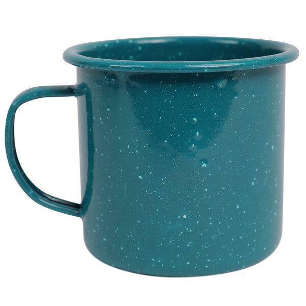 A turquoise speckled enamelware mug with a handle.