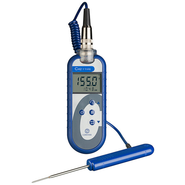 A Comark waterproof type-T thermocouple thermometer with a blue handle and a screen on the probe.