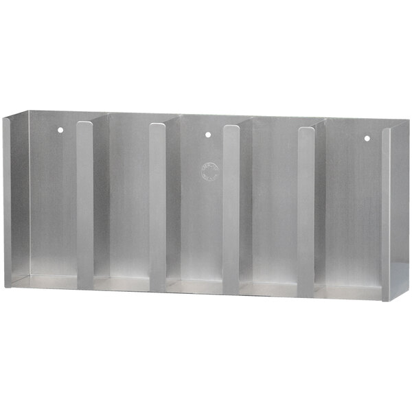 A metal shelf with three holes for cups and two for lids.