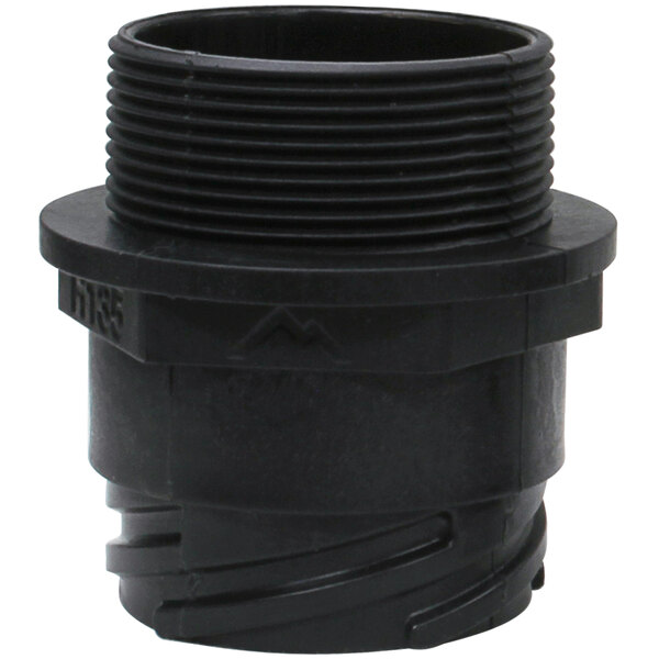 A close-up of a black plastic pipe fitting with a threaded end.