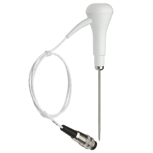A white Comark thermistor penetration probe with a metal tip and a long cable.
