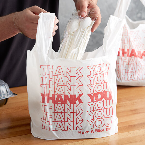 1/6 Size White Thank You Standard-Duty Plastic T-Shirt Bag - 1000/Case