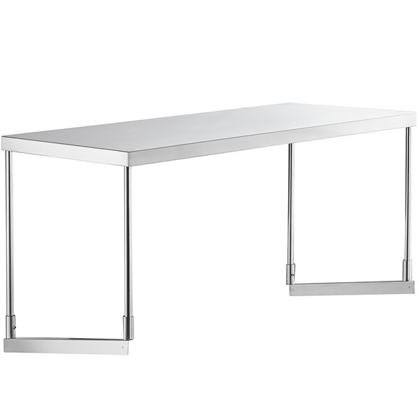 A white rectangular table with a stainless steel Avantco single deck overshelf on metal legs.